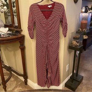 SPIRIT OF GRACE Women Maroon Striped Ruched Ruffle Maxi Dress Size XS